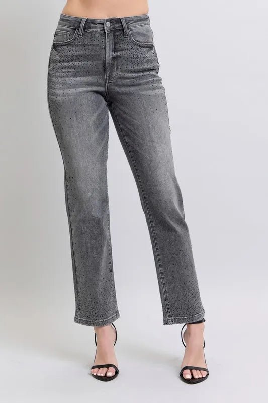 Judy Blue Full Size High Waist Rhinestone Straight Jeans Plus Size - Love Salve 