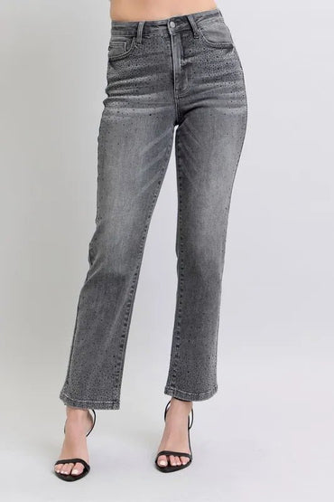 Judy Blue Full Size High Waist Rhinestone Straight Jeans Plus Size - Love Salve 