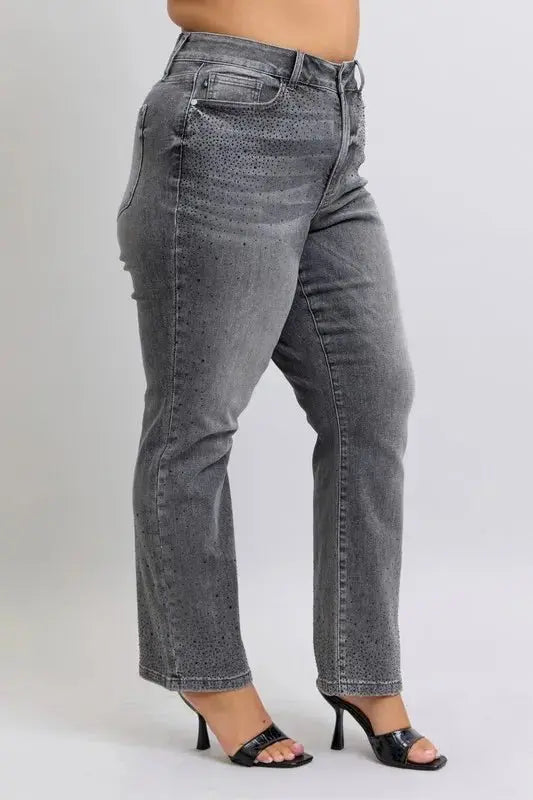 Judy Blue Full Size High Waist Rhinestone Straight Jeans Plus Size - Love Salve 