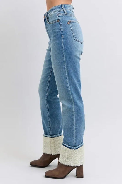 Judy Blue Full Size High Waist Shearling Cuff Straight Plus Size Pants - Love Salve 