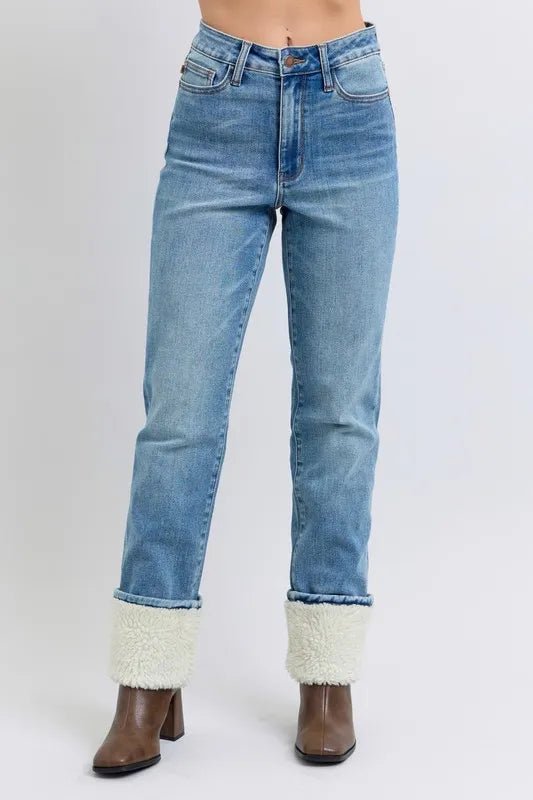 Judy Blue Full Size High Waist Shearling Cuff Straight Plus Size Pants - Love Salve 