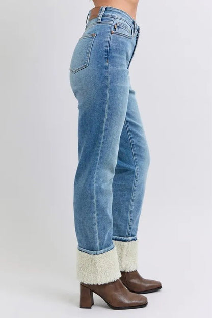 Judy Blue Full Size High Waist Shearling Cuff Straight Plus Size Pants - Love Salve 