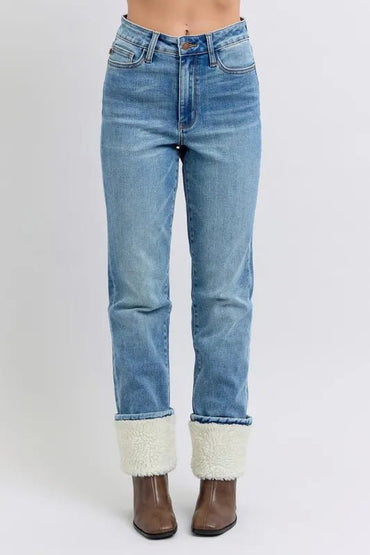 Judy Blue Full Size High Waist Shearling Cuff Straight Plus Size Pants - Love Salve 
