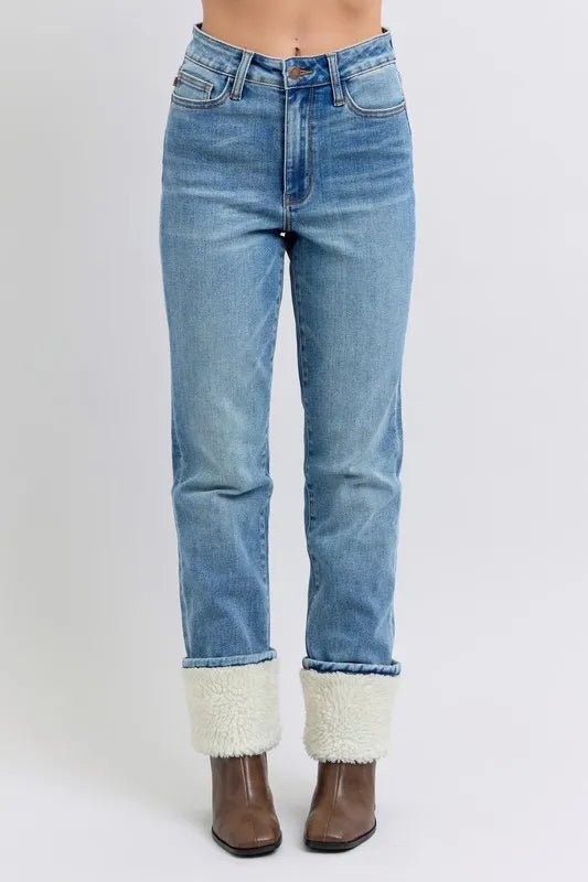 Judy Blue Full Size High Waist Shearling Cuff Straight Plus Size Pants - Love Salve 
