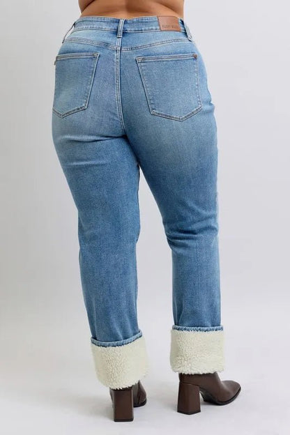 Judy Blue Full Size High Waist Shearling Cuff Straight Plus Size Pants - Love Salve 