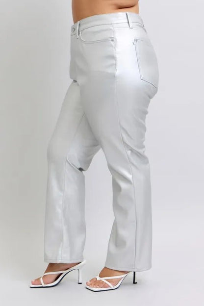 Judy Blue Full Size High Waist Silver Faux Leather Pants Plus Size - Love Salve 