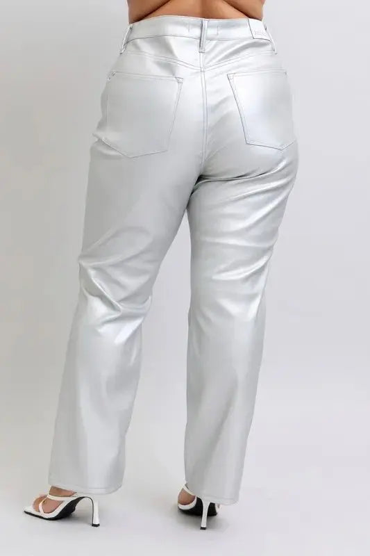 Judy Blue Full Size High Waist Silver Faux Leather Pants Plus Size - Love Salve 