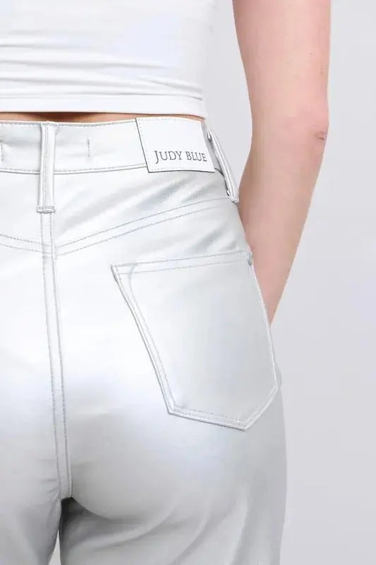Judy Blue Full Size High Waist Silver Faux Leather Pants Plus Size - Love Salve 