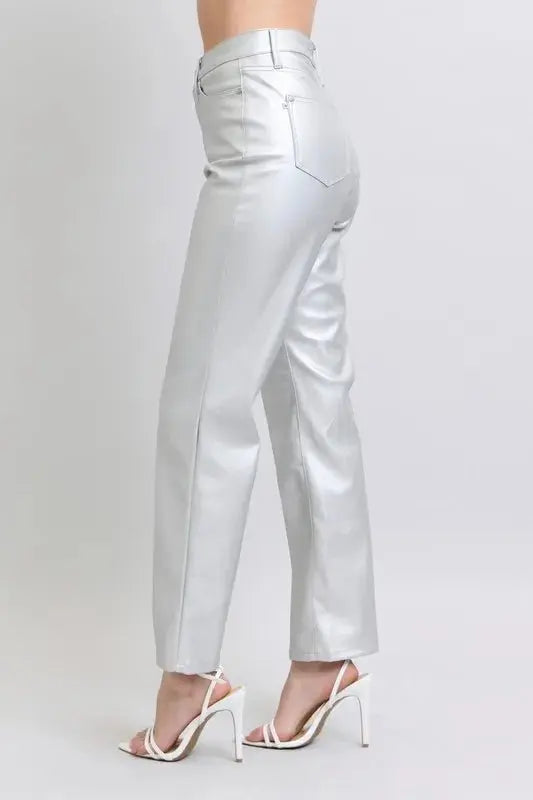 Judy Blue Full Size High Waist Silver Faux Leather Pants Plus Size - Love Salve 