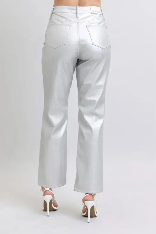 Judy Blue Full Size High Waist Silver Faux Leather Pants Plus Size - Love Salve 