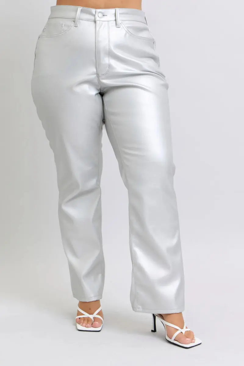 Judy Blue Full Size High Waist Silver Faux Leather Pants Plus Size - Love Salve 