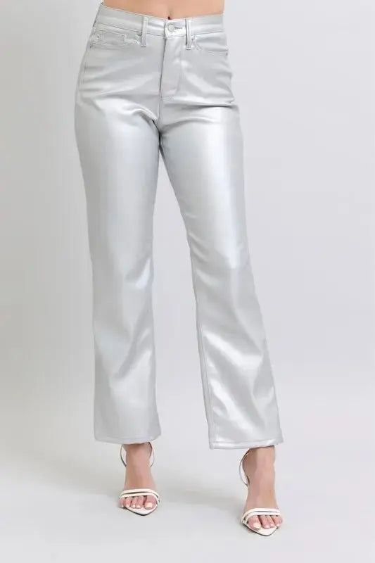 Judy Blue Full Size High Waist Silver Faux Leather Pants Plus Size - Love Salve 