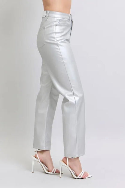 Judy Blue Full Size High Waist Silver Faux Leather Pants Plus Size - Love Salve 
