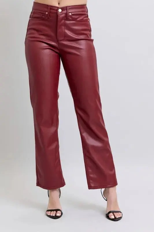 Judy Blue Full Size High Waist Tummy Control Faux Leather Straight Pants Plus Size - Love Salve 