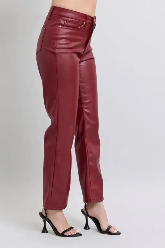 Judy Blue Full Size High Waist Tummy Control Faux Leather Straight Pants Plus Size - Love Salve 
