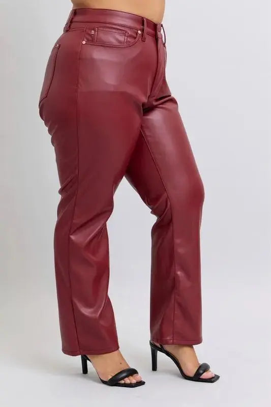 Judy Blue Full Size High Waist Tummy Control Faux Leather Straight Pants Plus Size - Love Salve 