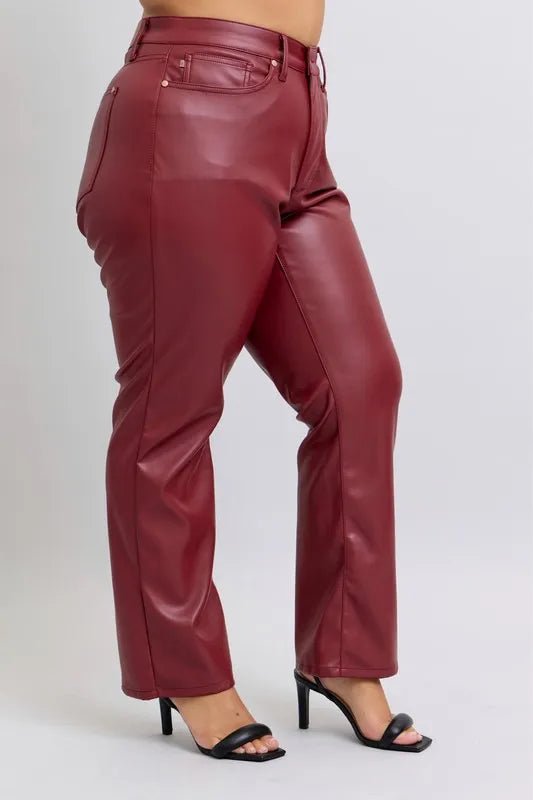 Judy Blue Full Size High Waist Tummy Control Faux Leather Straight Pants Plus Size - Love Salve