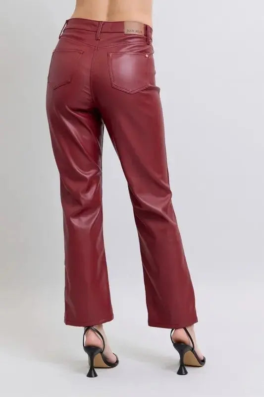 Judy Blue Full Size High Waist Tummy Control Faux Leather Straight Pants Plus Size - Love Salve 