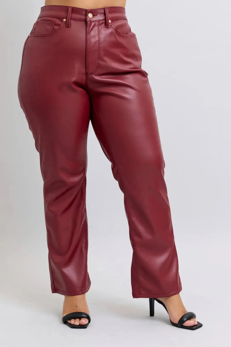 Judy Blue Full Size High Waist Tummy Control Faux Leather Straight Pants Plus Size - Love Salve 