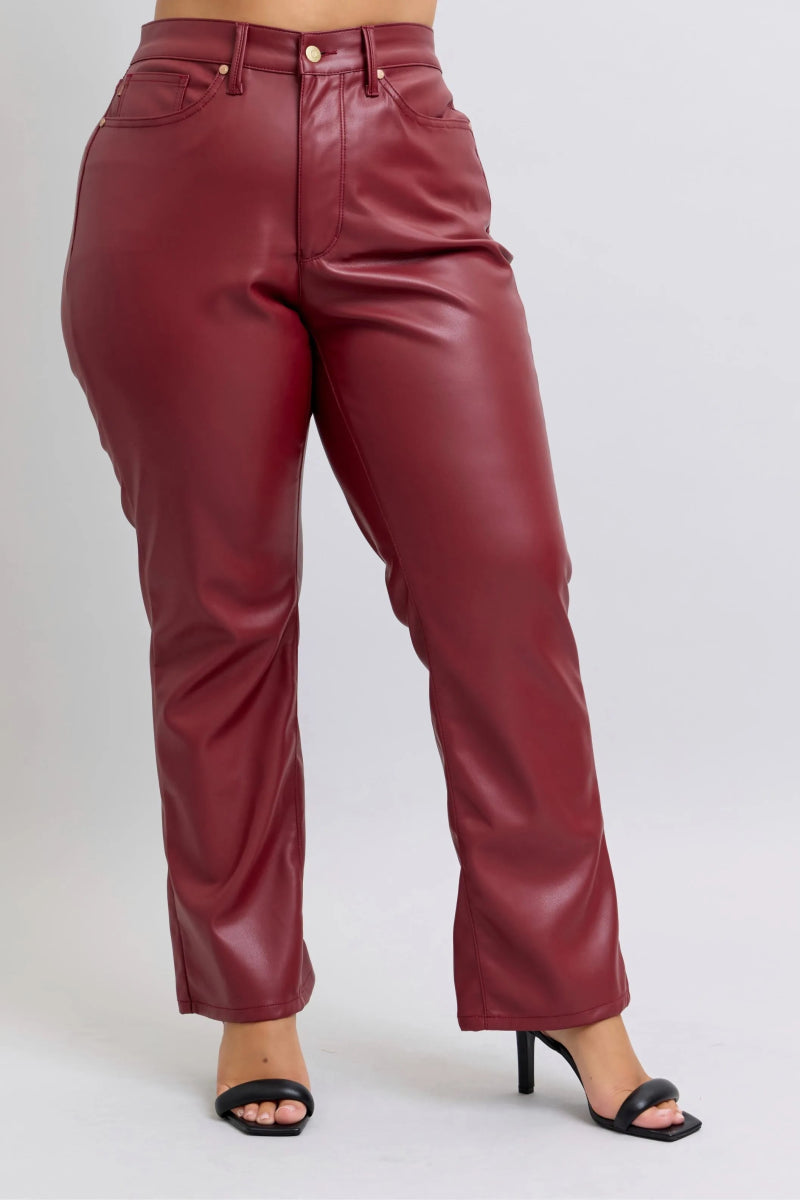 Judy Blue Full Size High Waist Tummy Control Faux Leather Straight Pants Plus Size - Love Salve