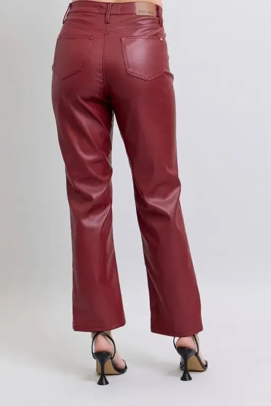 Judy Blue Full Size High Waist Tummy Control Faux Leather Straight Pants Plus Size - Love Salve 