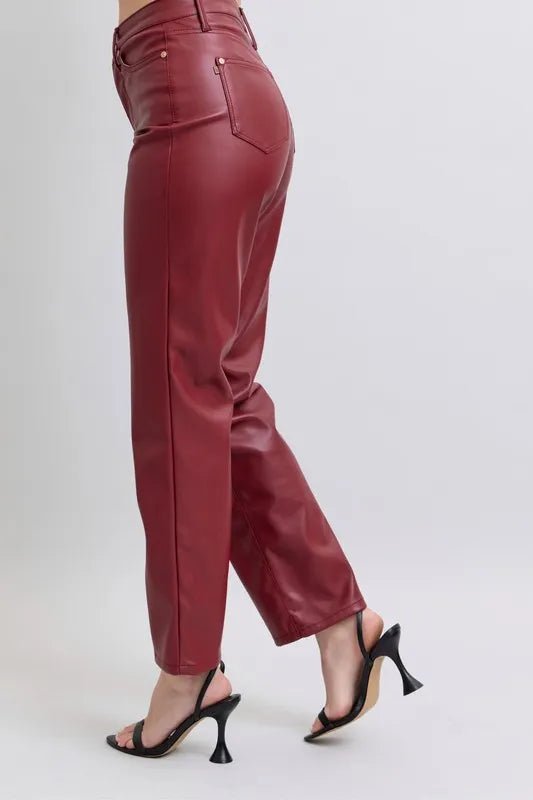 Judy Blue Full Size High Waist Tummy Control Faux Leather Straight Pants Plus Size - Love Salve