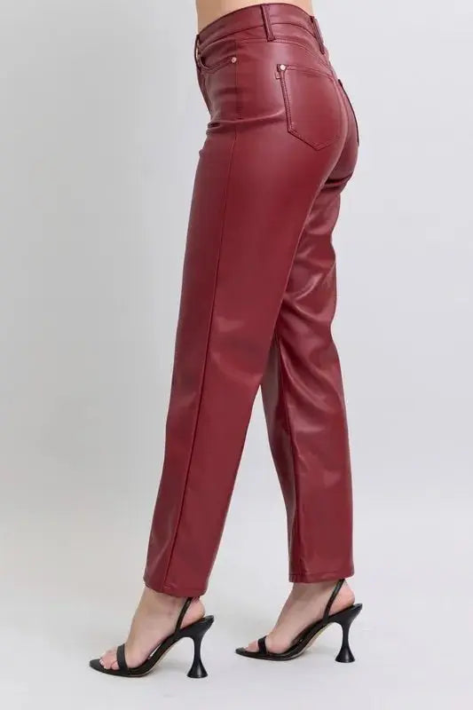 Judy Blue Full Size High Waist Tummy Control Faux Leather Straight Pants Plus Size - Love Salve 
