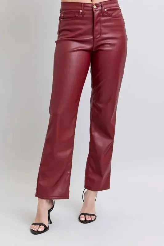 Judy Blue Full Size High Waist Tummy Control Faux Leather Straight Pants Plus Size - Love Salve 