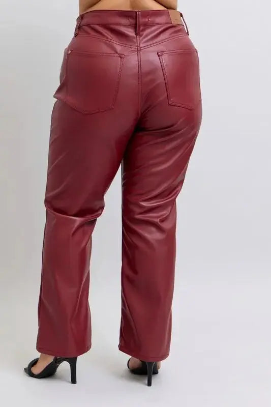 Judy Blue Full Size High Waist Tummy Control Faux Leather Straight Pants Plus Size - Love Salve 