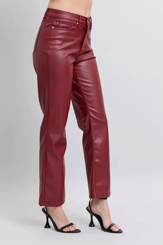 Judy Blue Full Size High Waist Tummy Control Faux Leather Straight Pants Plus Size - Love Salve 