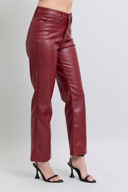 Judy Blue Full Size High Waist Tummy Control Faux Leather Straight Pants Plus Size - Love Salve