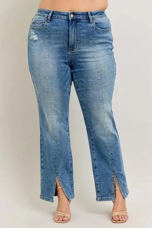 Judy Blue Full Size High Waist Vintage Wash Front Seam Slit Plus Size - Love Salve 