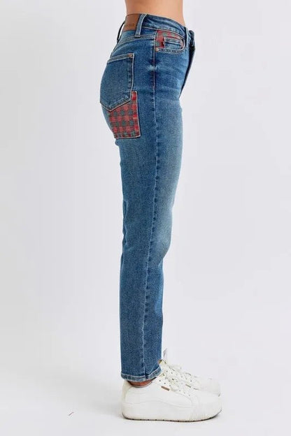 Judy Blue Full Size HW Plaid Patch Slim Fit Jeans Plus Size - Love Salve 