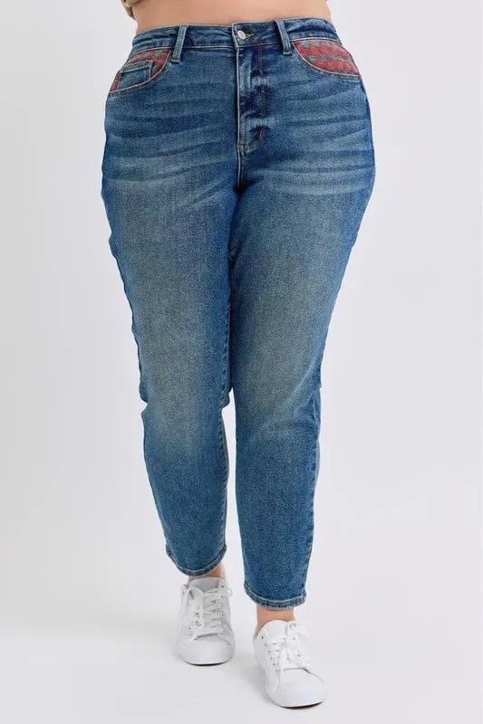 Judy Blue Full Size HW Plaid Patch Slim Fit Jeans Plus Size - Love Salve 