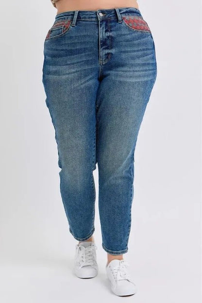 Judy Blue Full Size HW Plaid Patch Slim Fit Jeans Plus Size - Love Salve 
