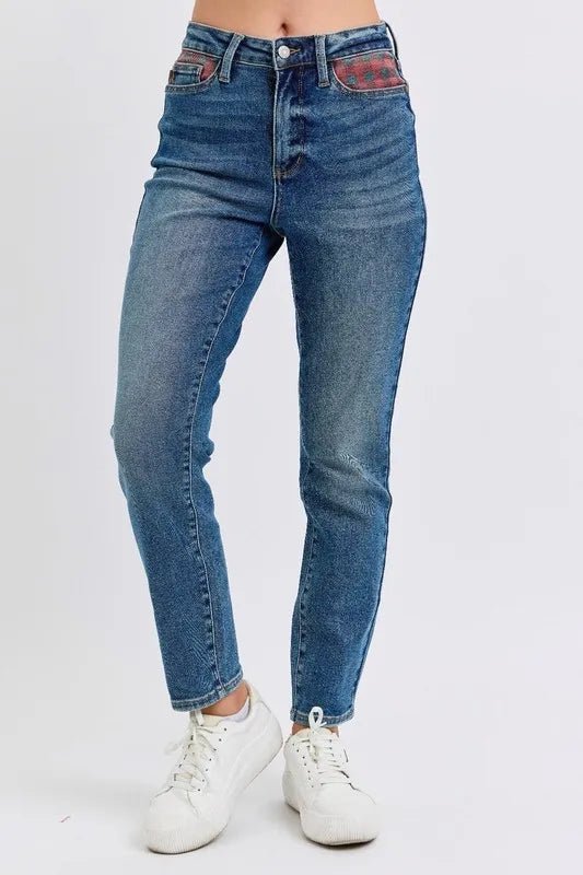 Judy Blue Full Size HW Plaid Patch Slim Fit Jeans Plus Size - Love Salve 