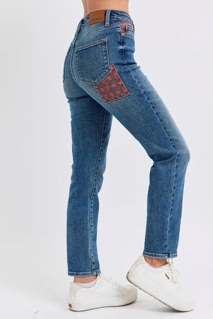 Judy Blue Full Size HW Plaid Patch Slim Fit Jeans Plus Size - Love Salve 