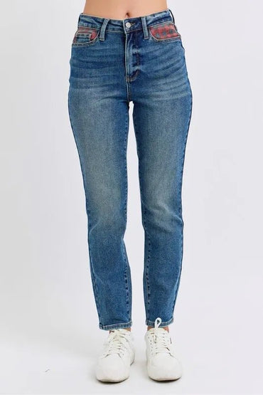 Judy Blue Full Size HW Plaid Patch Slim Fit Jeans Plus Size - Love Salve 