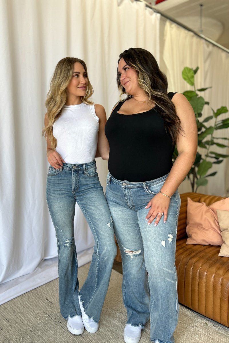Judy Blue Full Size Medium Rise Tummy Control Destroy Flare Jeans - Love Salve 