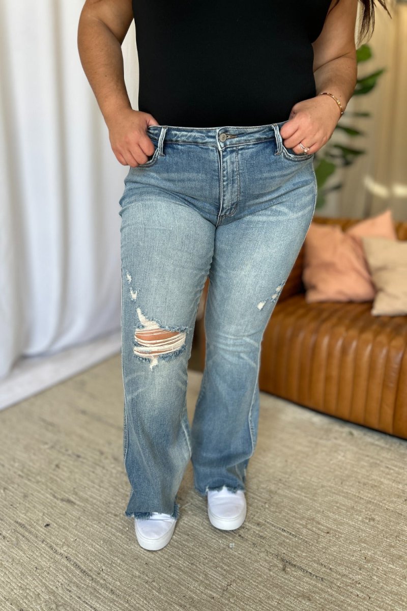 Judy Blue Full Size Medium Rise Tummy Control Destroy Flare Jeans - Love Salve 