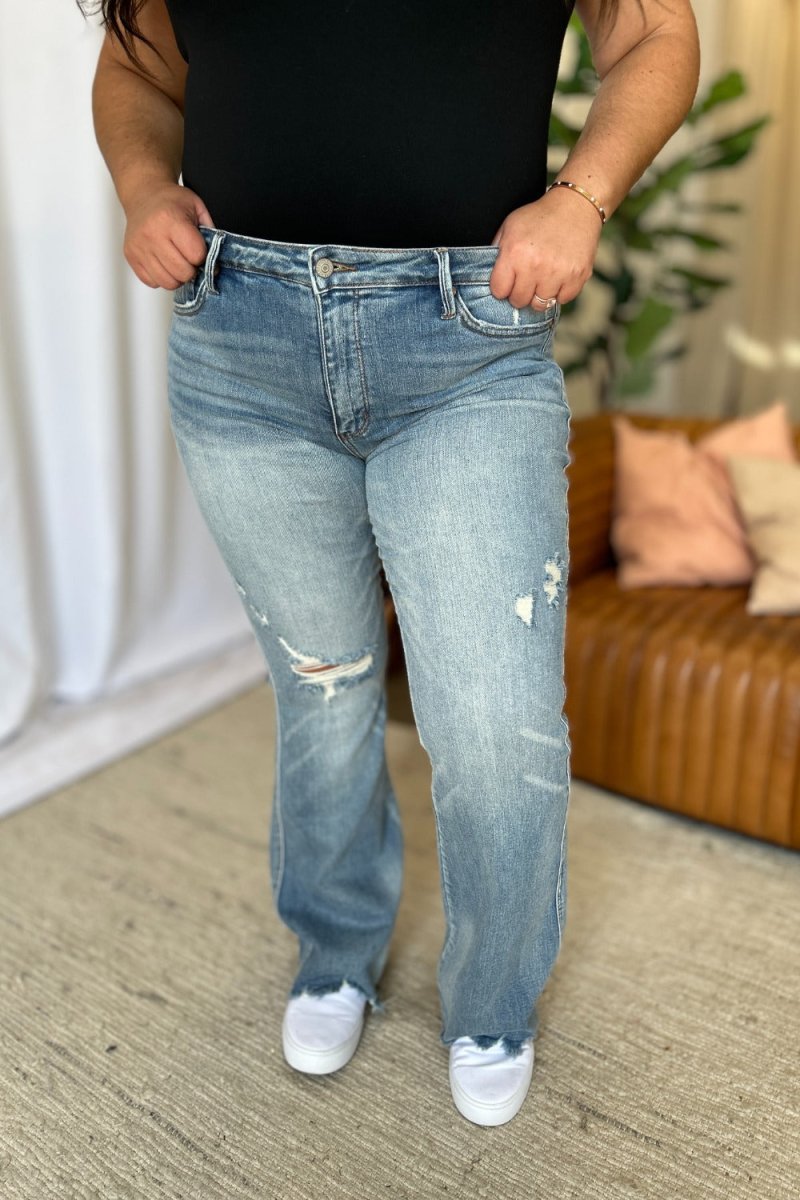 Judy Blue Full Size Medium Rise Tummy Control Destroy Flare Jeans - Love Salve 