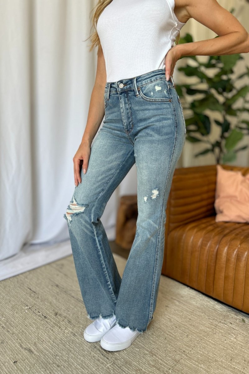 Judy Blue Full Size Medium Rise Tummy Control Destroy Flare Jeans - Love Salve 