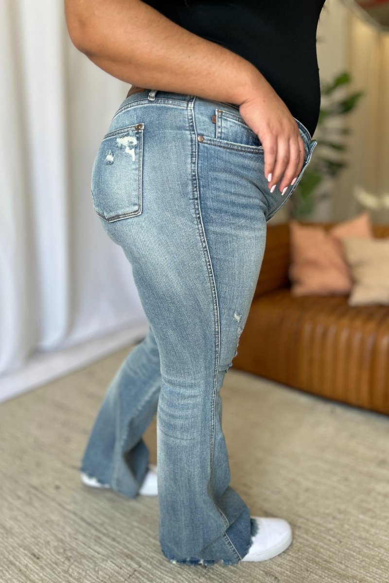 Judy Blue Full Size Medium Rise Tummy Control Destroy Flare Jeans - Love Salve 