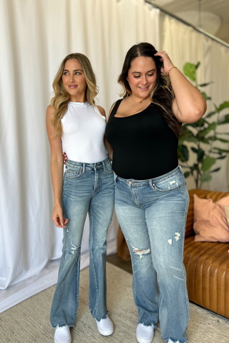 Judy Blue Full Size Medium Rise Tummy Control Destroy Flare Jeans - Love Salve 