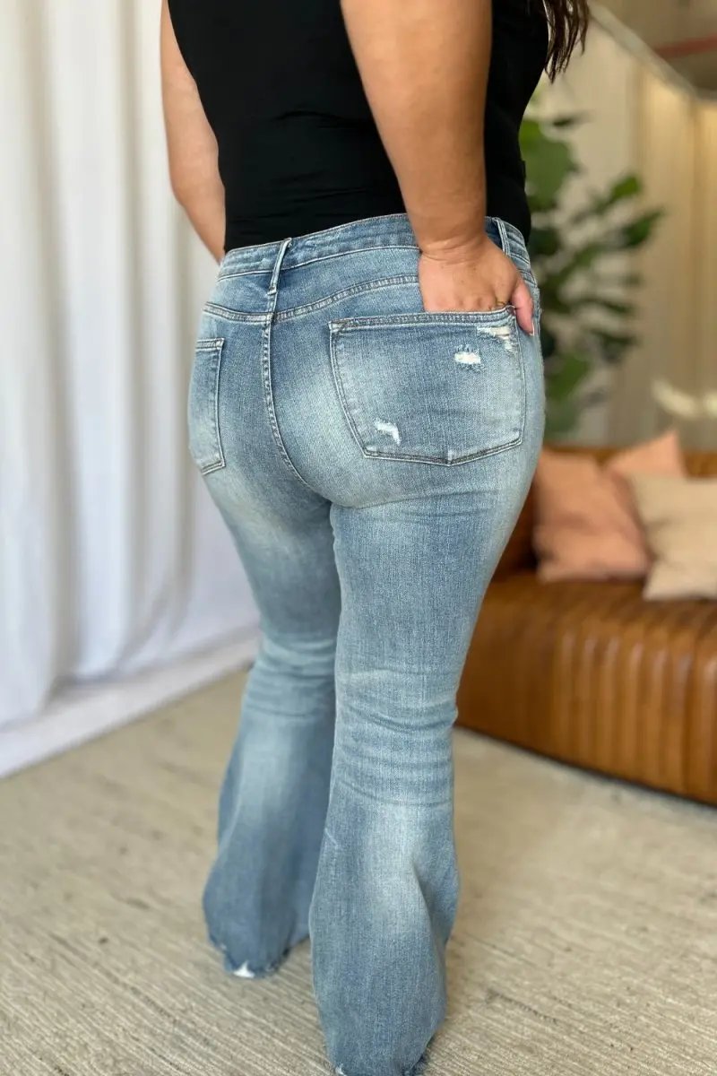 Judy Blue Full Size Medium Rise Tummy Control Destroy Flare Jeans - Love Salve 