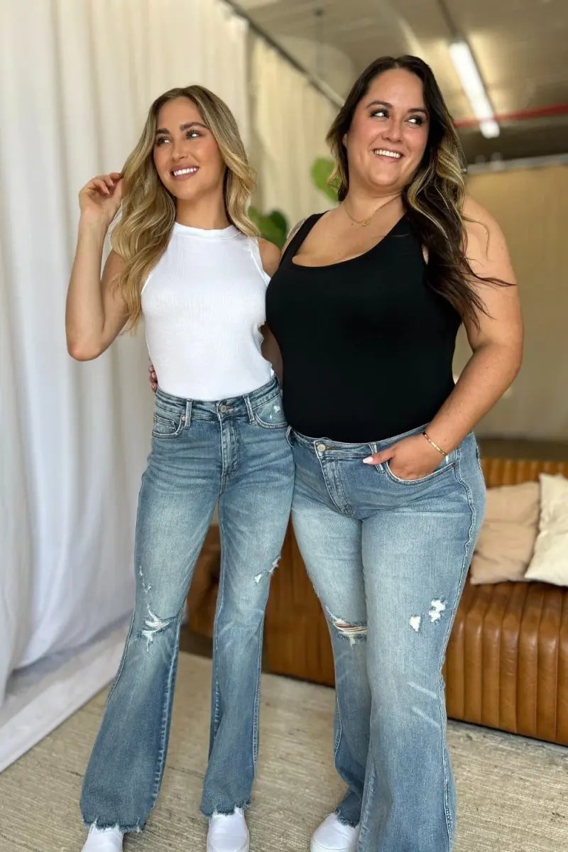 Judy Blue Full Size Medium Rise Tummy Control Destroy Flare Jeans - Love Salve 