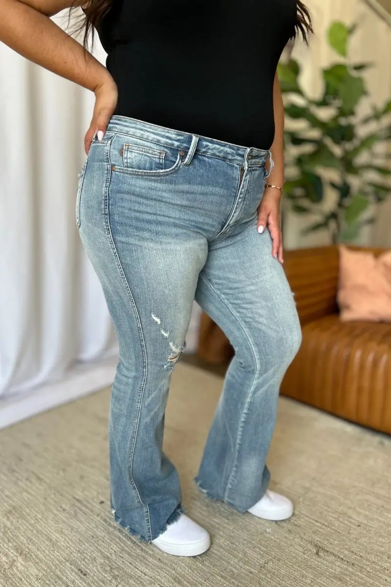 Judy Blue Full Size Medium Rise Tummy Control Destroy Flare Jeans - Love Salve 