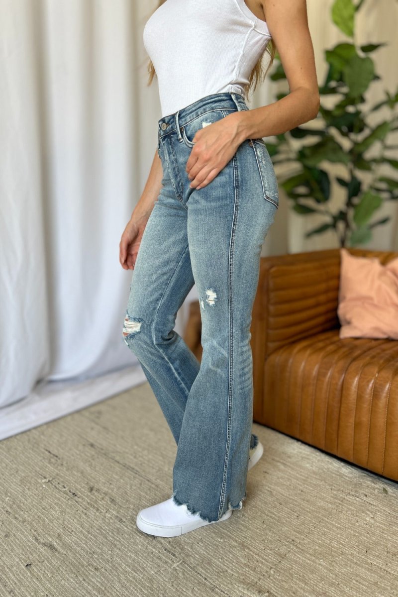 Judy Blue Full Size Medium Rise Tummy Control Destroy Flare Jeans - Love Salve 