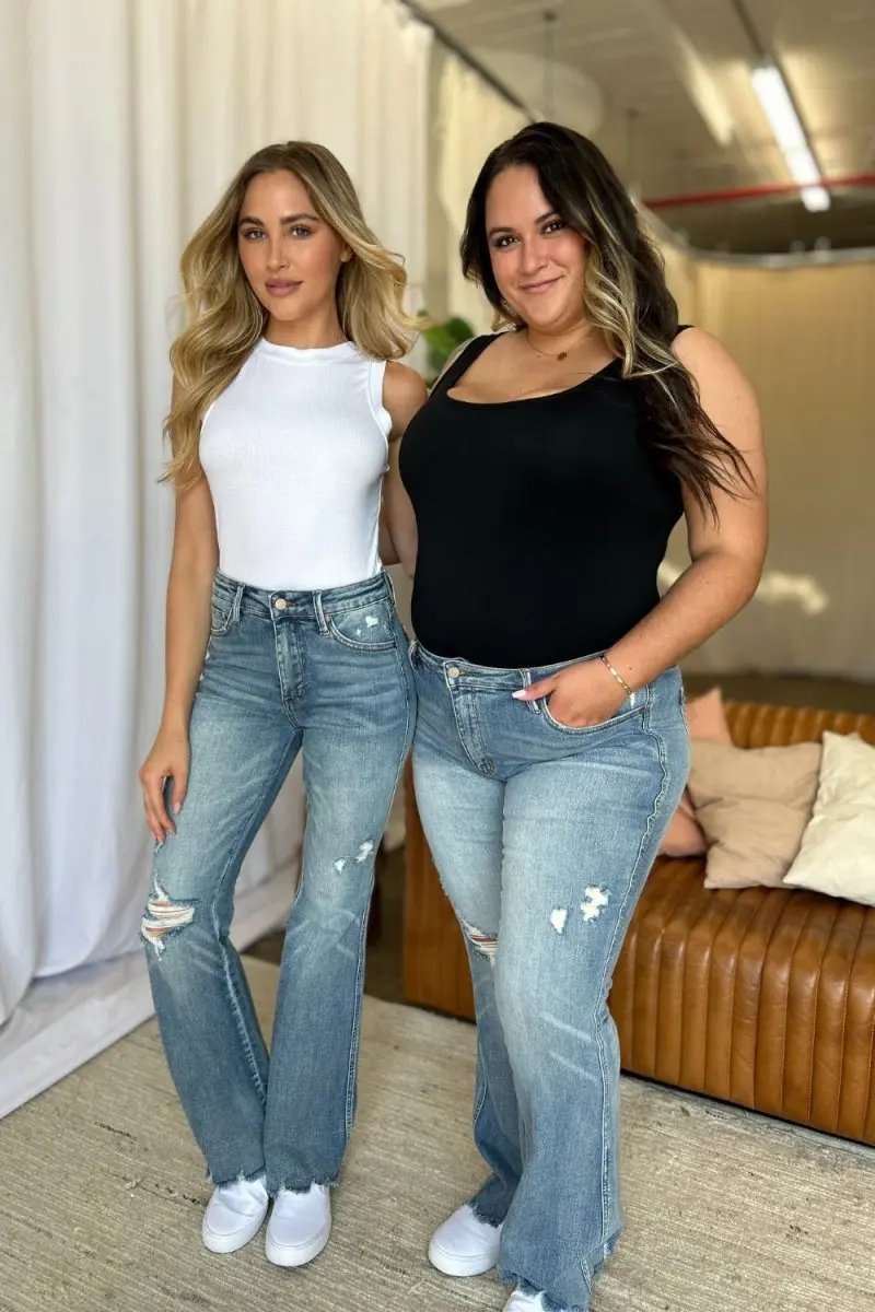 Judy Blue Full Size Medium Rise Tummy Control Destroy Flare Jeans - Love Salve 