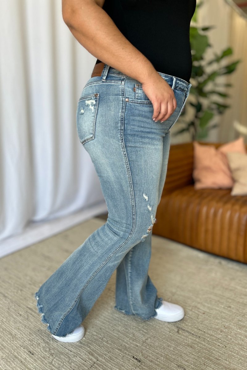 Judy Blue Full Size Medium Rise Tummy Control Destroy Flare Jeans - Love Salve 